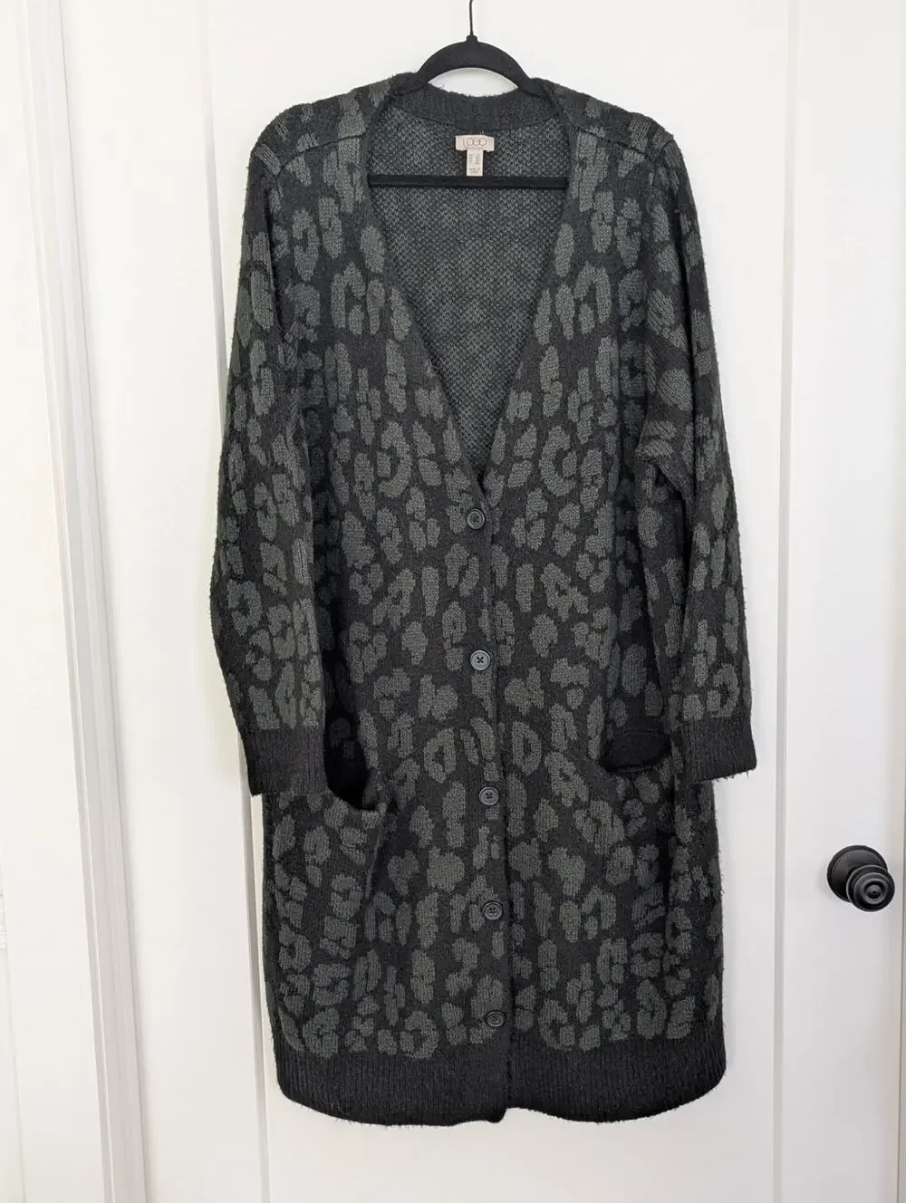 LOGO Lori Goldstein Cardigan Sweater 2X Leopard Print Long Duster Pockets